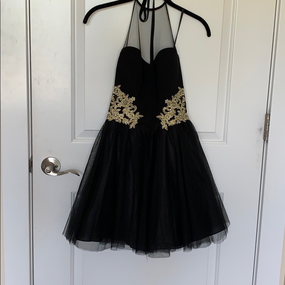Black and gold embroidered homecoming dress